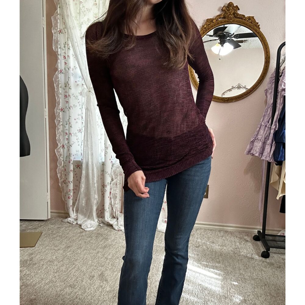 Rock & Republic Burgundy Black Sheer Open Knit Long Sleeve Top XS
